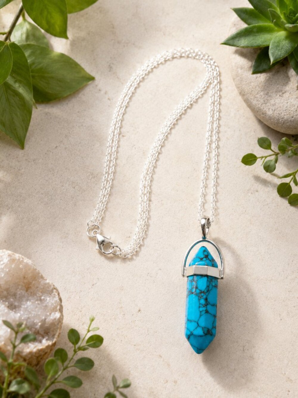 Turquoise Howlite Quartz Bullet Point Pendant Unisex Necklace, Boho, Trendy